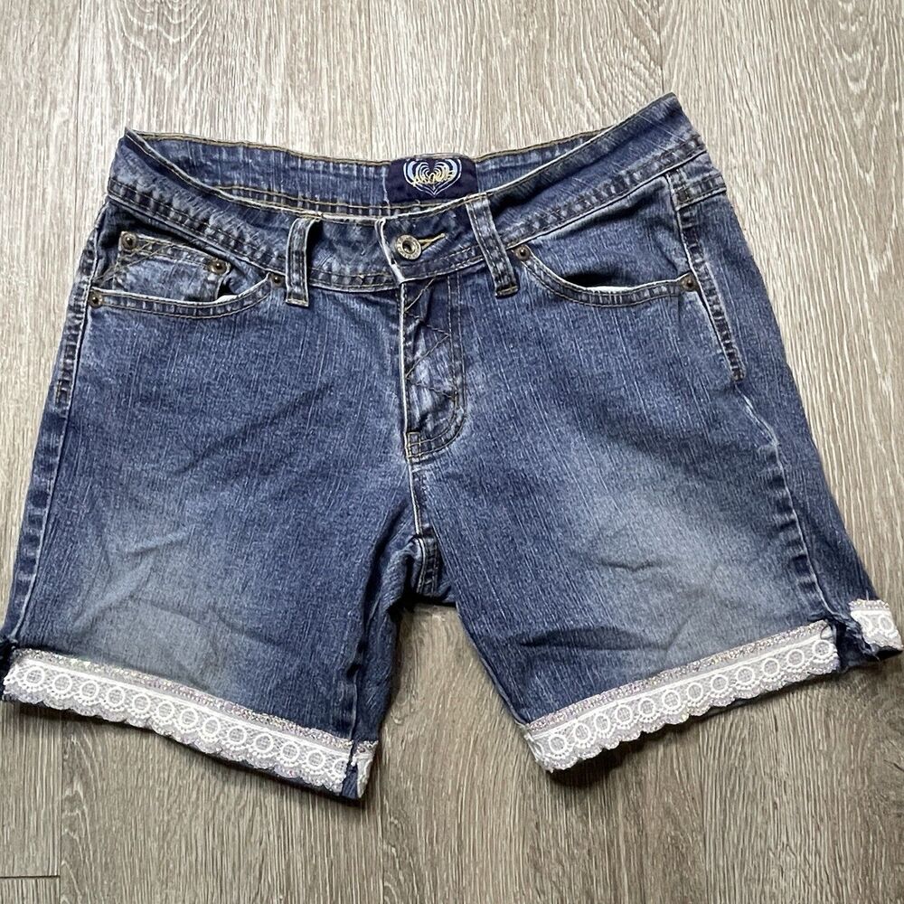 VTG Angels Denim Shorts Size 5 Lace Sequence Bedazzled Pockets Y2K